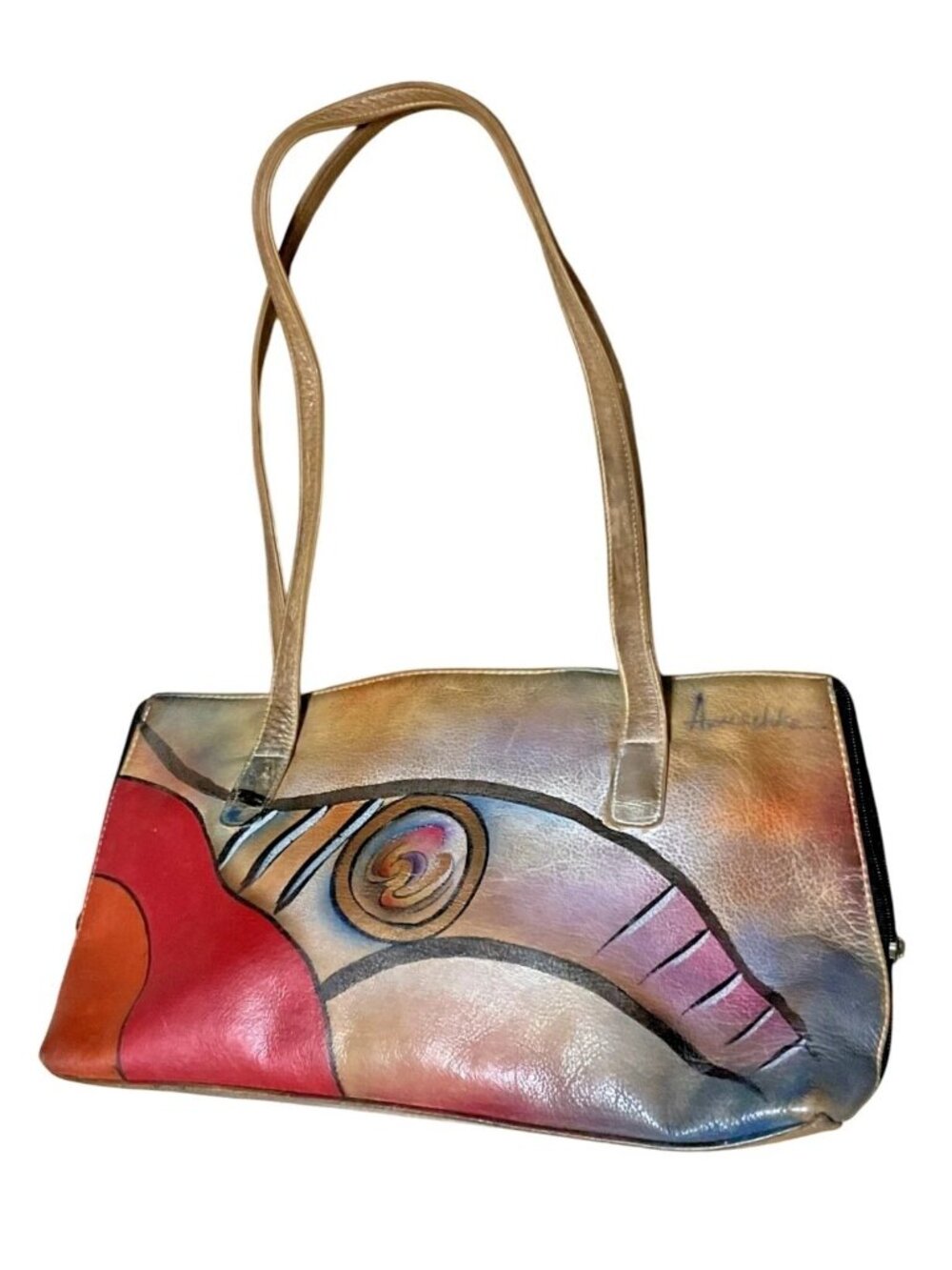 Anuschka Hand-Painted Leather Shoulder Bag With Abstract Art